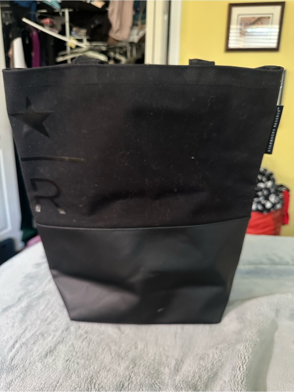 Black Starbucks Tote Bag - Minimal Canvas & Faux Leather